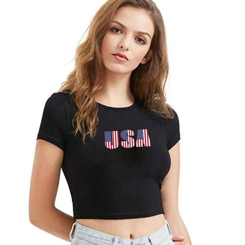 Women USA Print T-Shirt Short Sleeve Slim Short Type Sport Fitness T Shirt