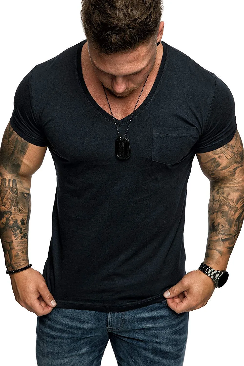 Men's Solid Color T-Shirt Slim Pocket Sports Short-Sleeved Clothing