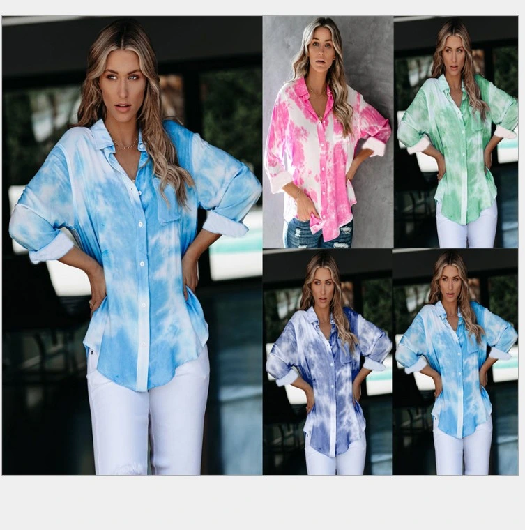 European and American Women New Gradient Color Printing Loose Shirt Tie-Dye Shirt Buttoned Shirt