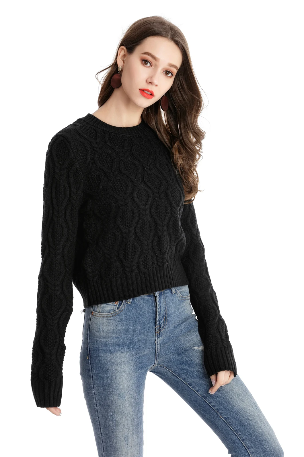 Women Pullover Ladies Knitwear Solid Color Apparel Round Neck Sweater