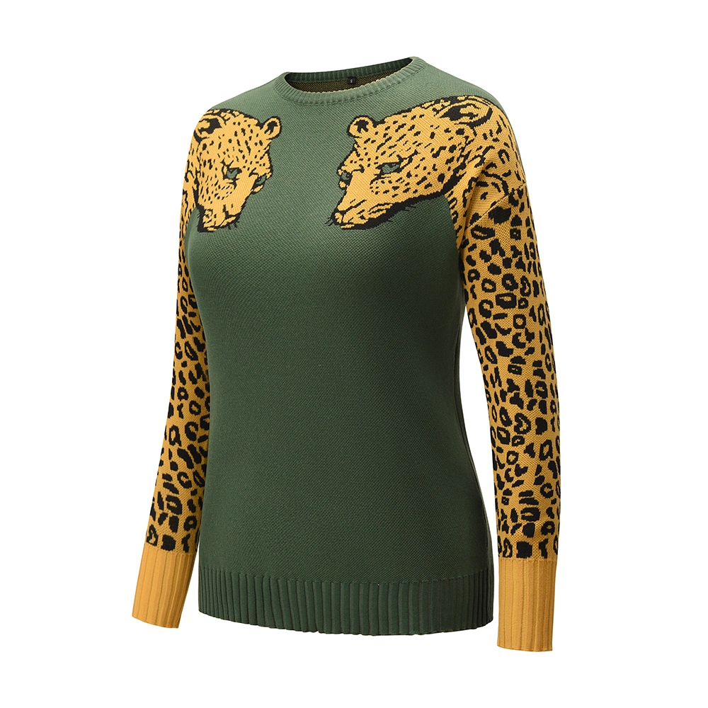 Round Neck Pullover Leopard Sweater Knitwear Tops Women Sweater