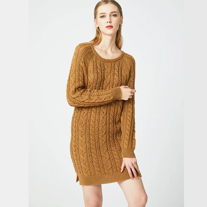 Women's Twisted Knitted Dress Round Neck Long Sleeve Pullover Sweater