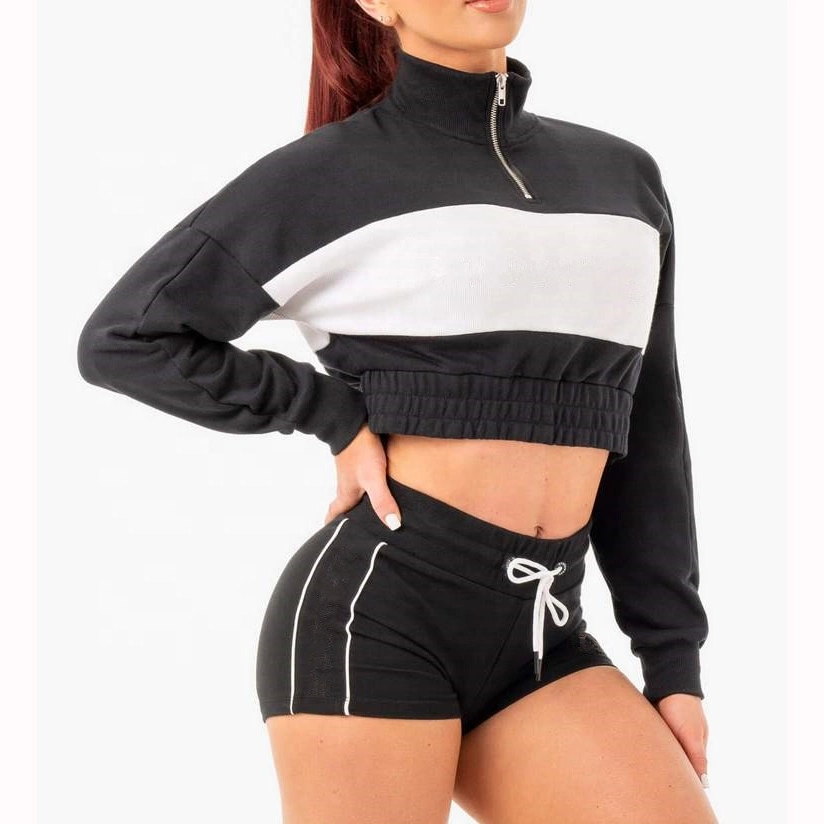 Wholesale Women Fashion Crop Top Hoodies Zipper Color Blocking Hoodies