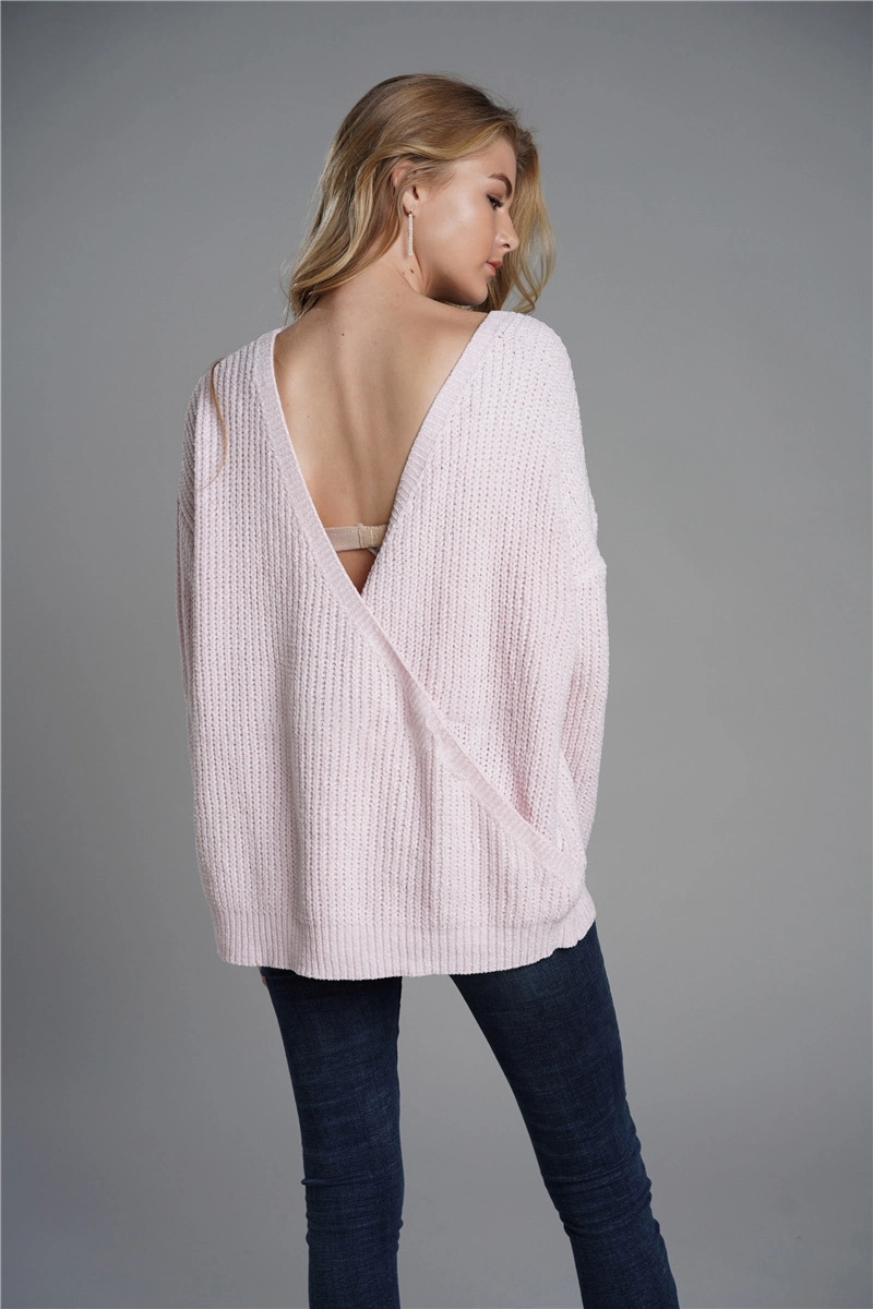 2021 New Arrival Women Round Neck Knitted Pure Color Sweater Pullover American Long Sleeve Sweaters