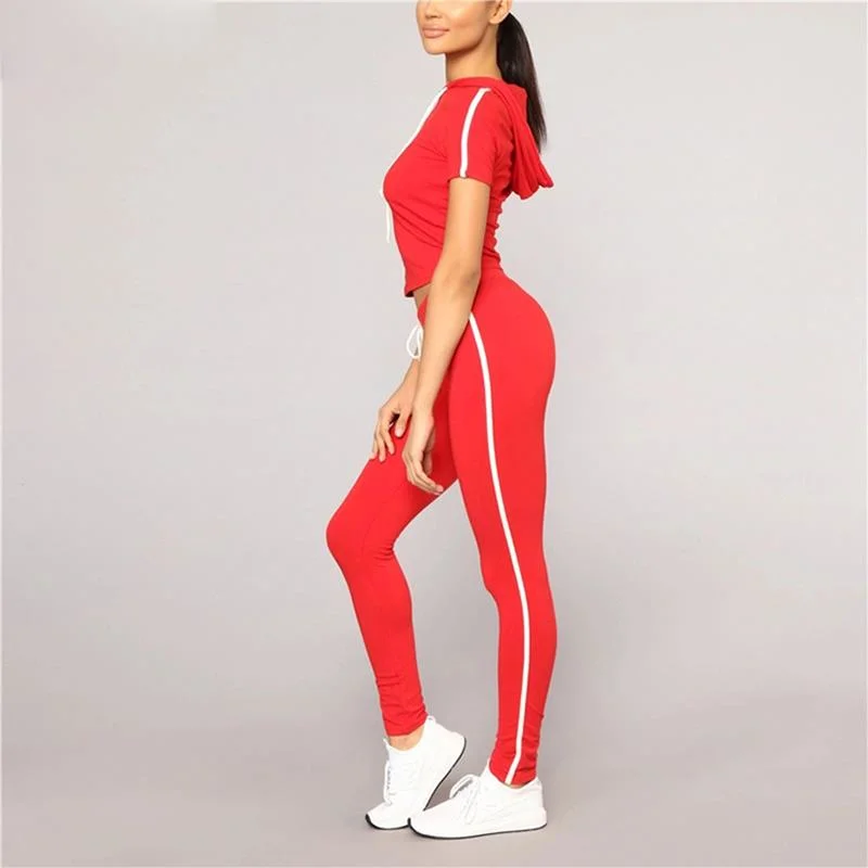 Custom Women Gym Yoga Wear Set Wholesale Womens Cropped Stripe Tracksuit Fitness Hooded Crop Top Hoodie Leggings Set