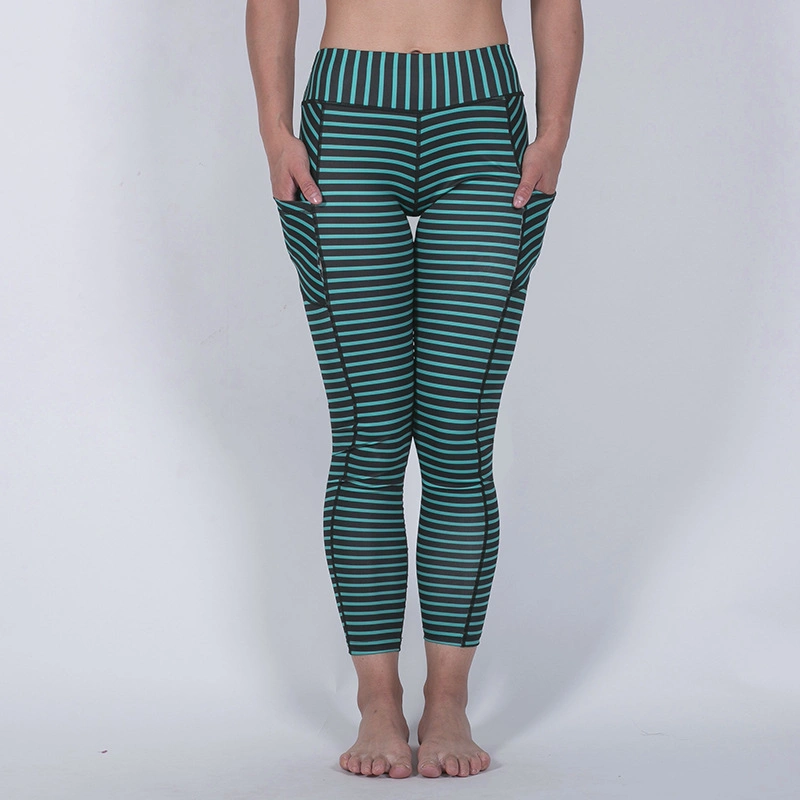Women Pocket Gym Leggins Running Tight Pants Women Yoga Pant Fitness Leggings Striped Sports Pants