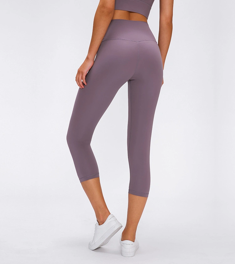 Stock New Fashion Nylon Womens Gym Capri Pants Sports Solid Workout Leggings