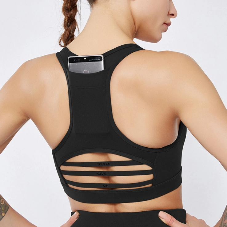 New Back Pocket Sports Bra Shockproof Cross Mesh Sports Underwear Yoga Suit