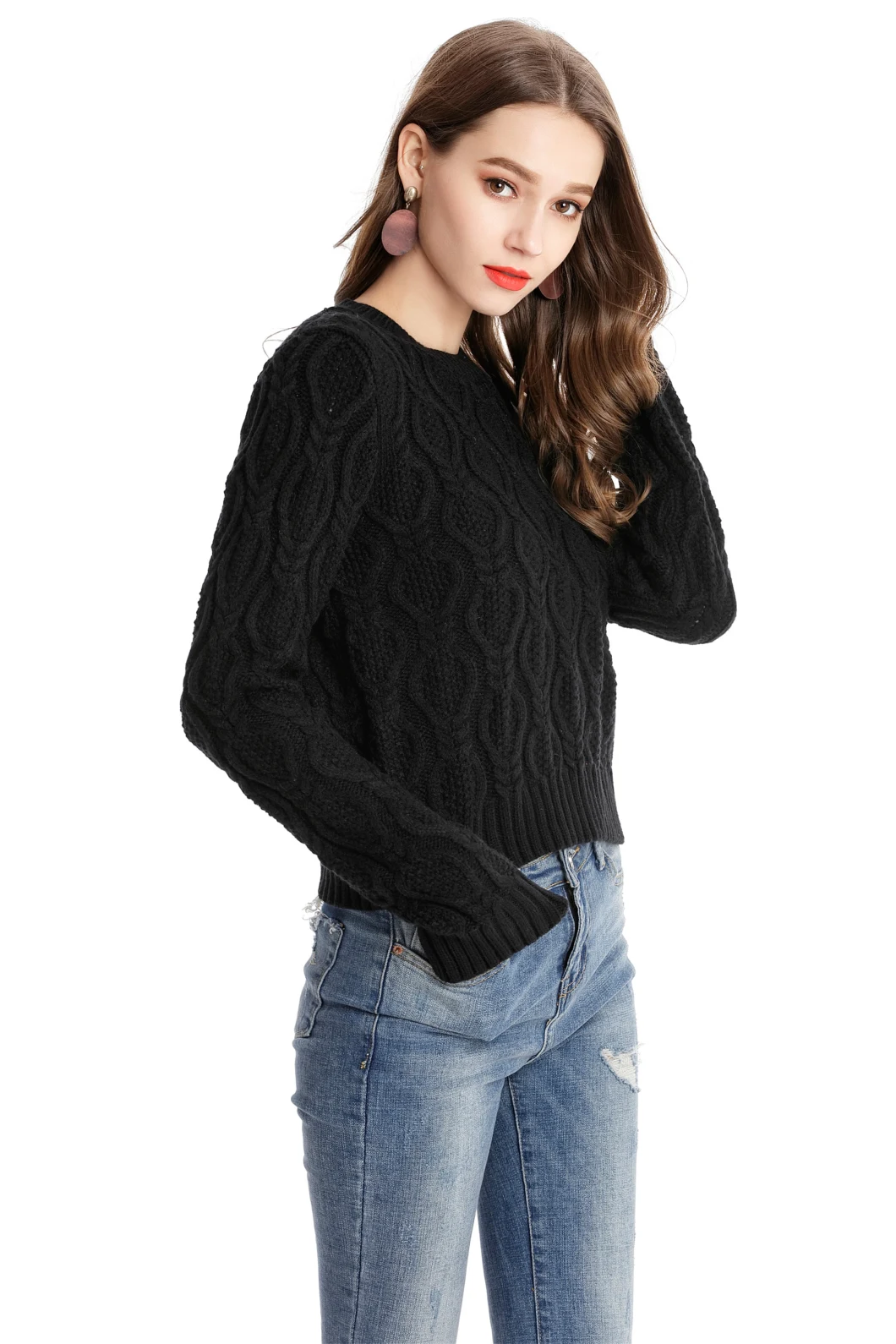 Women Pullover Ladies Knitwear Solid Color Apparel Round Neck Sweater