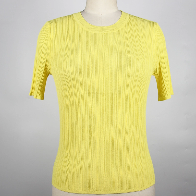 Bright Yellow Irregular Ribbing Ladies Knitted Pullover Women Knitting Short Sleeve Round Neck Sweater