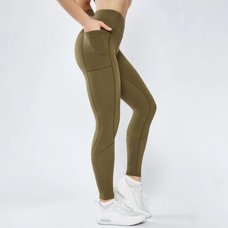 Stitching Pocket Yoga Pants Double-Sided Nylon High-Elastic Tight Sports High-Waist Fitness Pants