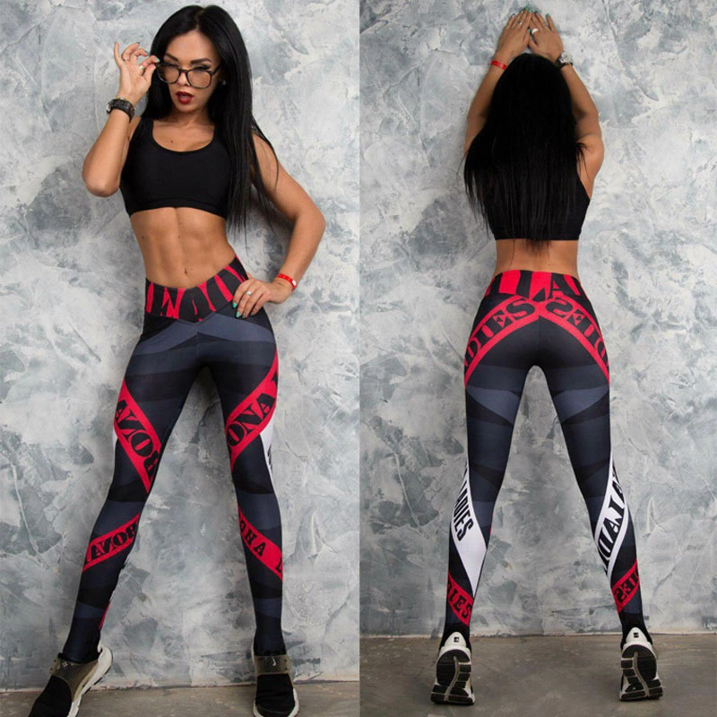 Yoga Pants Women Sexy Red Striped Letter Printing Gym Sport Leggings Tight Fitness Athletic Leggings Sportswear