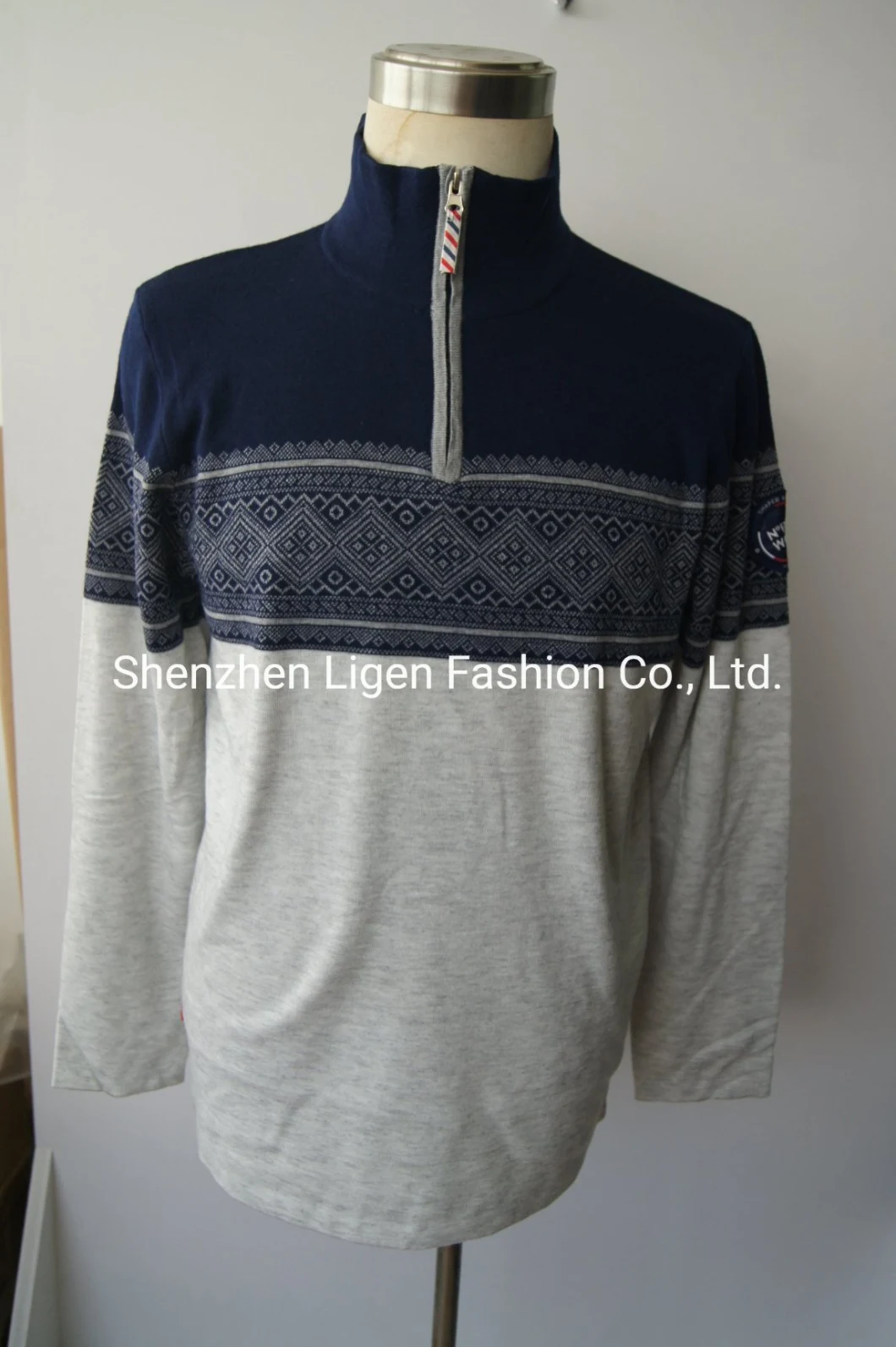 Men' Knitted Crew Neck Hight Collar Pullover with Zipper