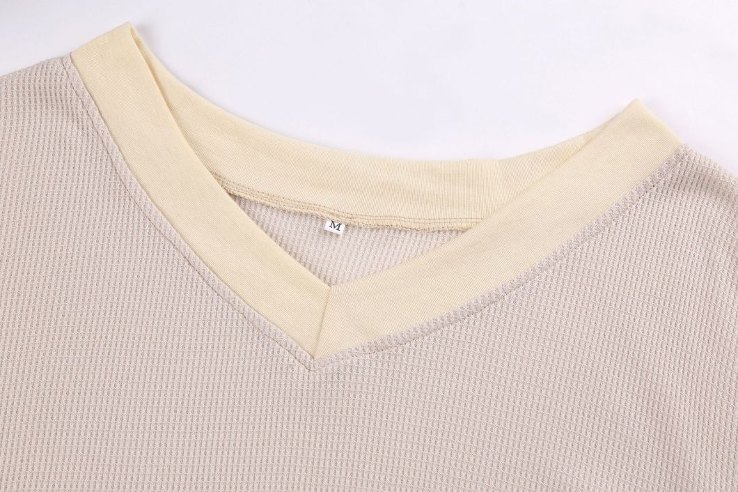 2020 New Design V-Neck Loose Long-Sleeve T-Shirt Waffle Women Sweater