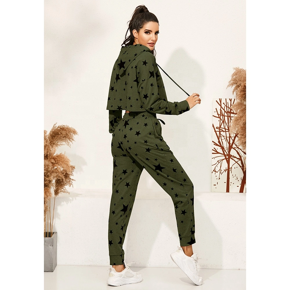 Fall Winter New Hooded Star Long Sleeve Hoodie Suit Jacket Casual Sport Trousers for Women