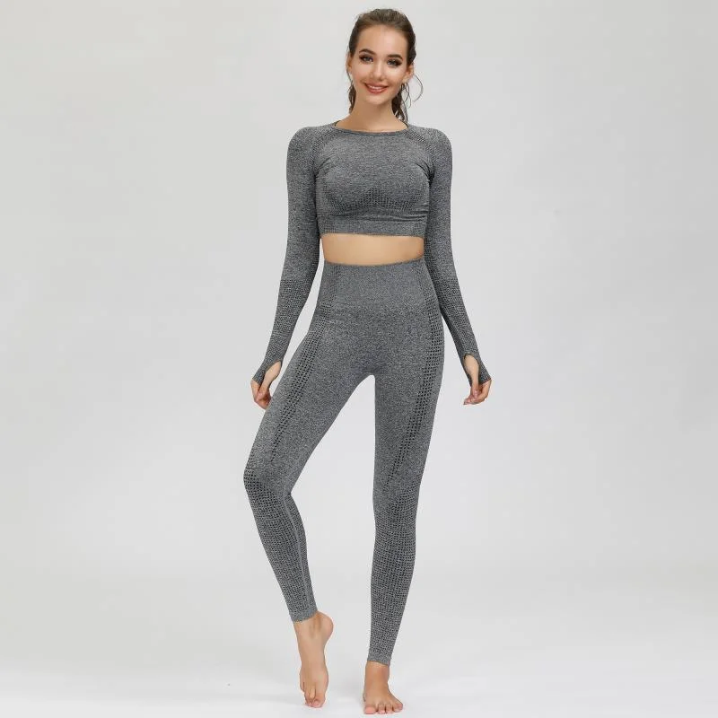 Knitted Yoga Clothes Quick-Drying Sports Long-Sleeved Fitness Trousers Seamless Yoga Suit