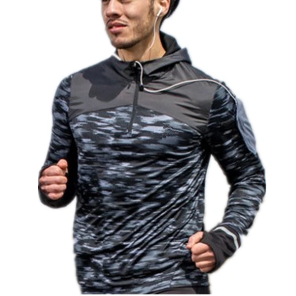 Camo Printing Half Zip Men Dry Fit Hoody Sports Running T Shirt with Phone Bag