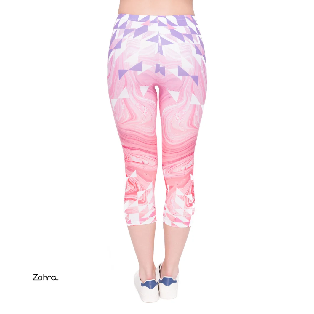 Patchwork Slim Outdoor Wear Triangles Pink Marble Cropped Yoga Pants Sexy Ladies Capri Leggings