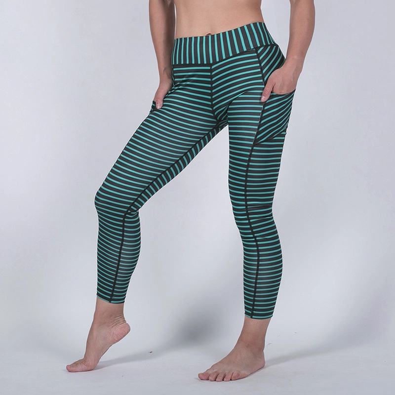 Women Pocket Gym Leggins Running Tight Pants Women Yoga Pant Fitness Leggings Striped Sports Pants