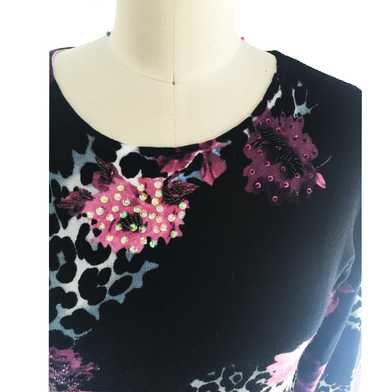 Elegant Women's Pullover Beaded Digital Print Round Neck Long Sleeve Sweater