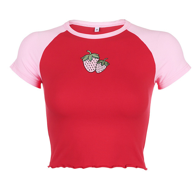 Women Cute T Shirt Red T-Shirt Short Sleeve Club Cropped Tee Shirt Woman Summer