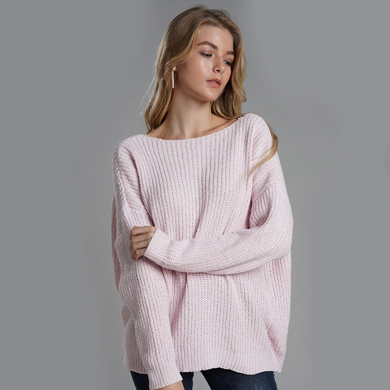 2021 New Arrival Women Round Neck Knitted Pure Color Sweater Pullover American Long Sleeve Sweaters