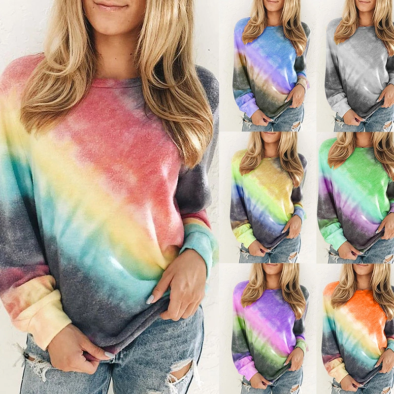 2020 New Fashion Autumn Colorful T-Shirt Tie Dye Rainbow Long Sleeve Women T-Shirt