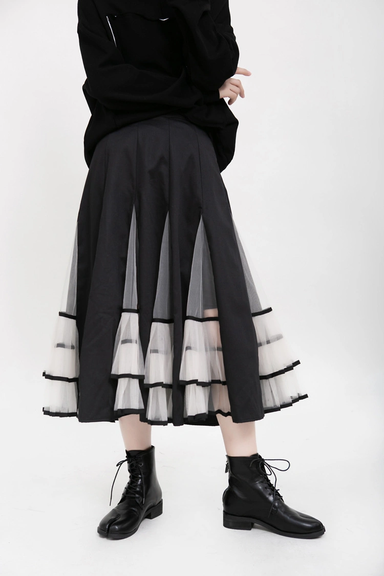 2020 Spring and Summer New Women Pleated Skirt Half-Length Long High Waist Mesh Lace Skirt