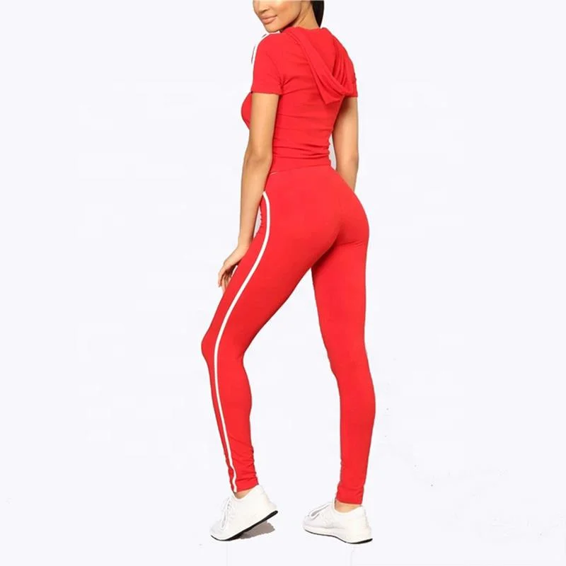 Custom Women Gym Yoga Wear Set Wholesale Womens Cropped Stripe Tracksuit Fitness Hooded Crop Top Hoodie Leggings Set