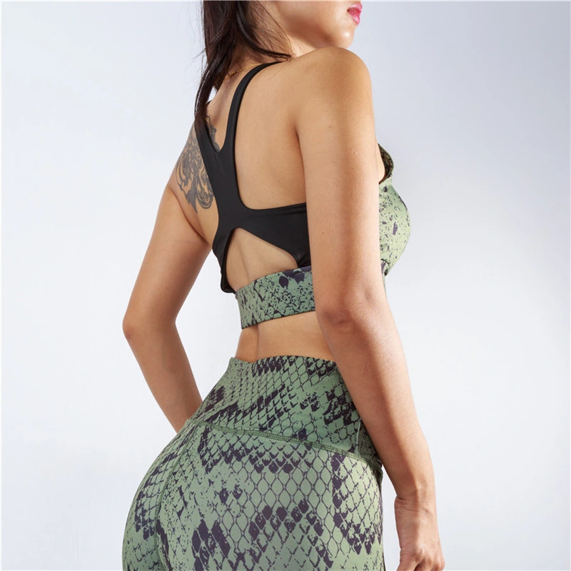Women High Waisted Workout Yoga Bra and Gym Pants Snake Skin Print Leggings Bodysuit Clothes