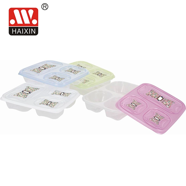 Reusable Plastic 3 Compartment Plastic Takeaway Bento Lunch Box Food Container with Printing Lid