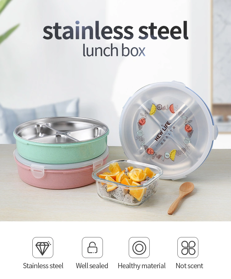 Stainless Steel 304 Round Four-Compartment Dinner Plate Fashion Lunch Box for School Customizable Lid