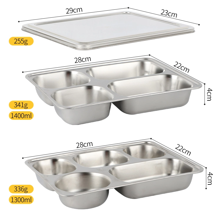 Hot Selling Stainless Steel Square Deep 5 Compatements Food Tray with Lid Lunch Box for School