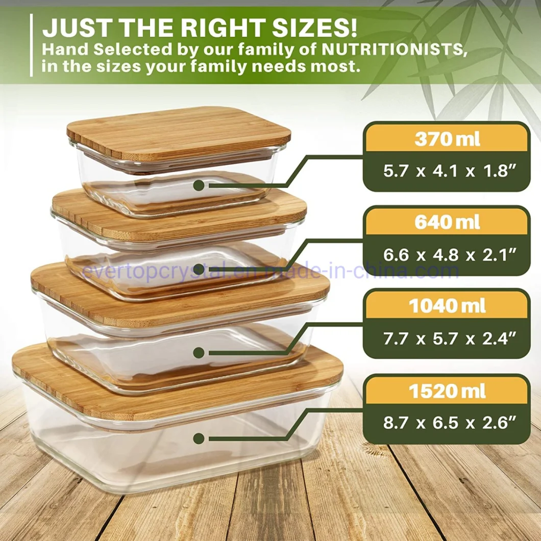Glass Food Storage Containers with Lids (Bamboo) - 4 Pieces Value Set - Glass Containers for Food Storage with Lids - Airtight