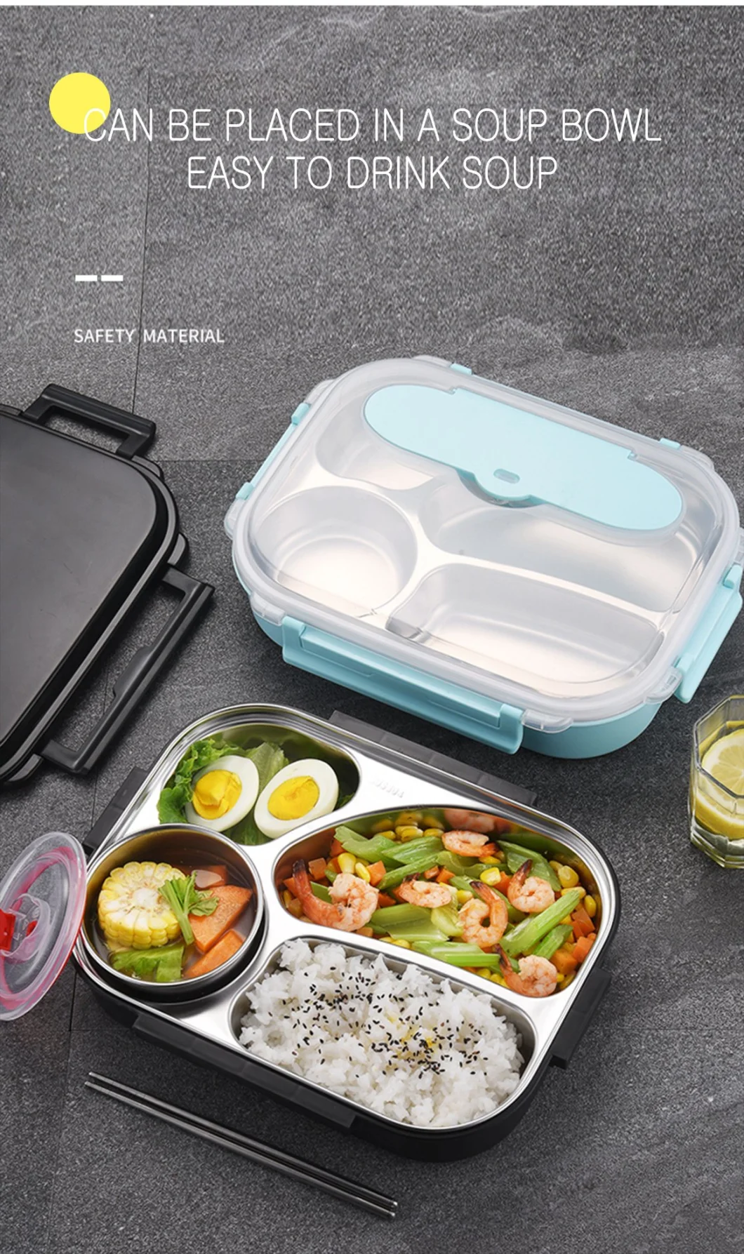 Plastic Reusable Eco Friendly Leakproof 1.6L 3/4 Compartment 304 Stainless Steel Retain Freshness Lunch Bento Box for School/Office/Outdoor/Camping/Hospital