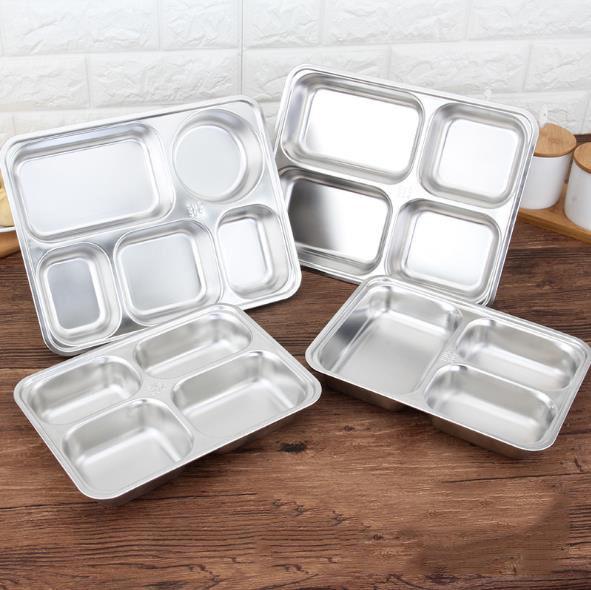 Free Sample High Quality 5 Compartments Fast Food Stainless Steel Lunch Box Rectangular Dinner Plate or Snack Serving Tray