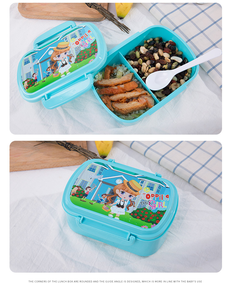 Two Compartments Bento Plastic Lunch Box for Kids with Spoon