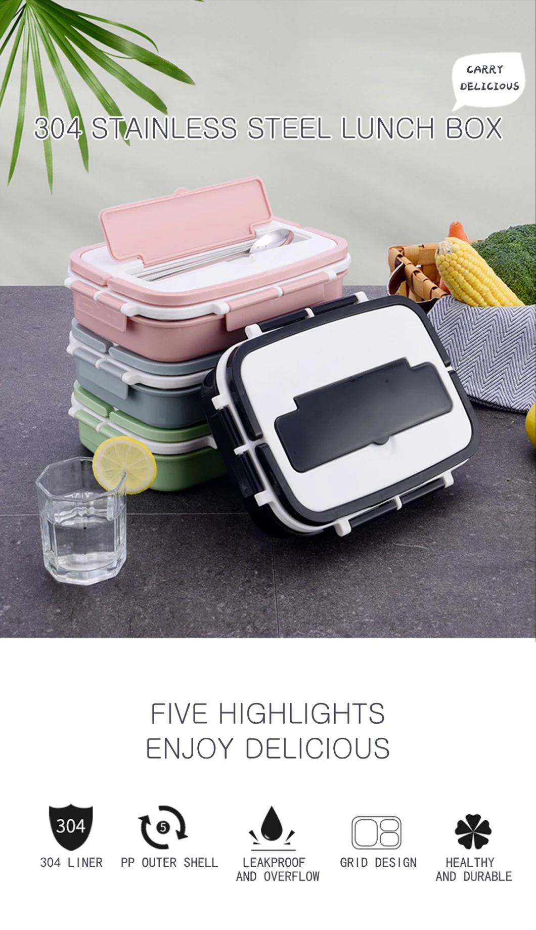 OEM Factory Wholesale Price Good Quality Eco Friendly 304 Stainless Steel Plastic Lunch Box for Camping