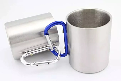 Climb Double Layer Stainless Steel Mug with Carabiner Hook, Double Wall Stainless Steel Mug with D Shaped Hook, Metal Double Wall Mug with Handle and Cover