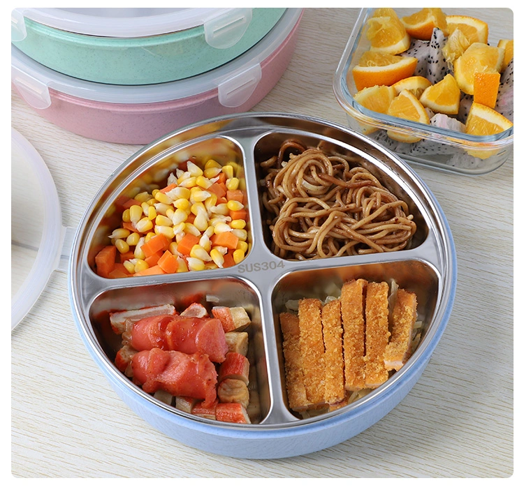 Stainless Steel 304 Round Four-Compartment Dinner Plate Fashion Lunch Box for School Customizable Lid