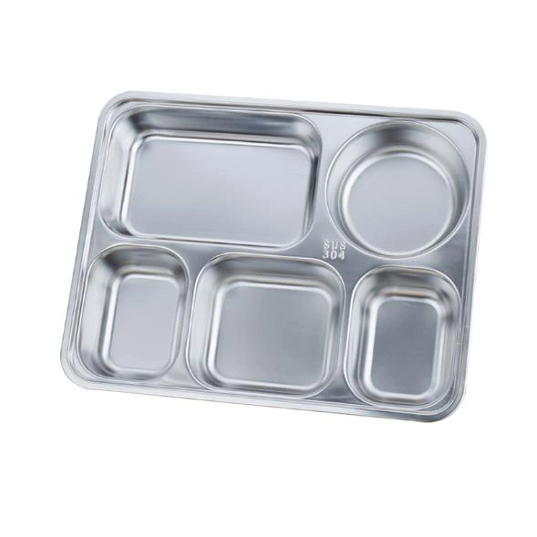 Tableware Divided Metal Food Lunch Mess Tray Stainless Steel 5 Meal Compartments Dinner Plates