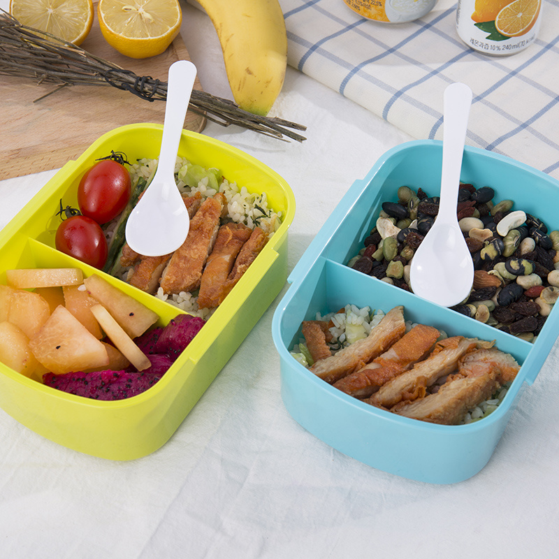 Two Compartments Bento Plastic Lunch Box for Kids with Spoon