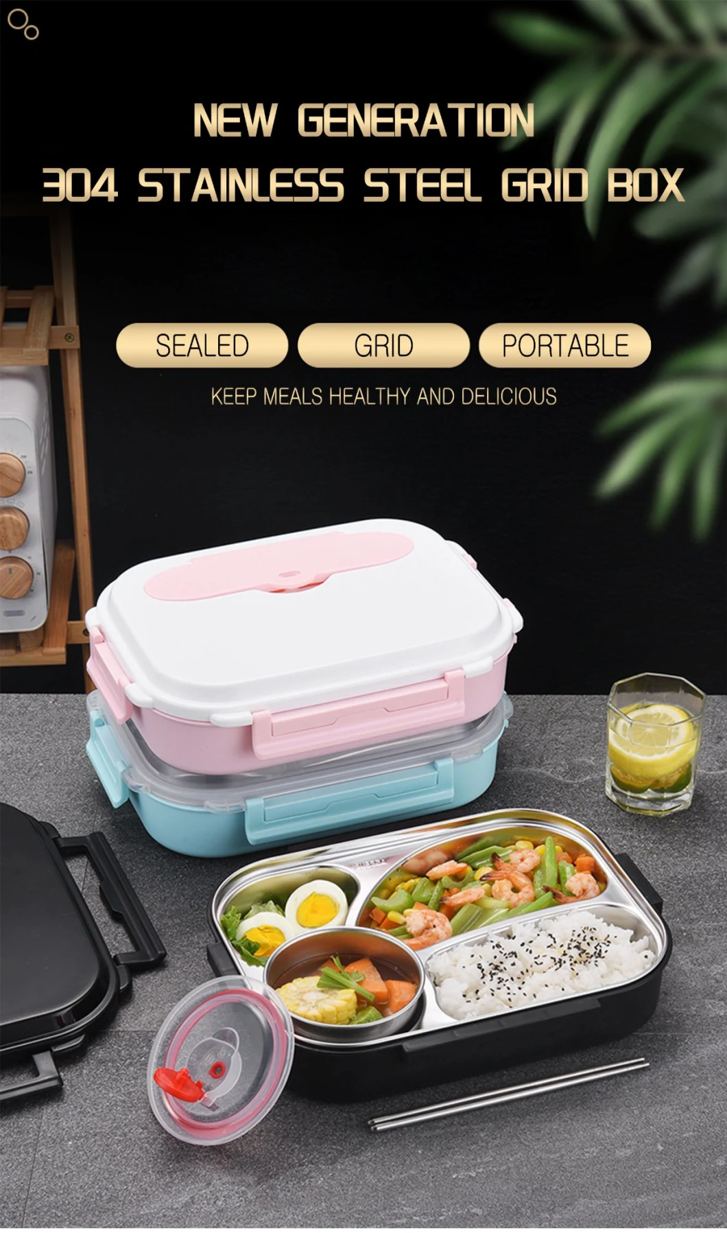 OEM/ODM FDA Insulated Plastic Eco Friendly Leakproof 1.6L 3/4 Compartment 304 Stainless Steel Heated Lunch Bento Box for School/Office/Camping/Hospital/Outdoor