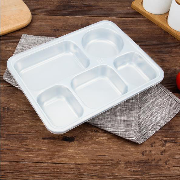 Free Sample High Quality 5 Compartments Fast Food Stainless Steel Lunch Box Rectangular Dinner Plate or Snack Serving Tray