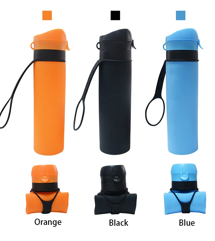 Custom Logo Portable Leak-Proof Travel Silicone Collapsible Drinking 600ml Silicone Foldable Water Bottle