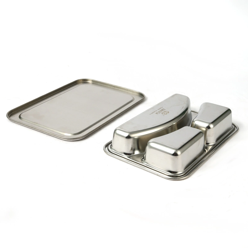 Lunch Box 3 Case Rectangular Divided Food Tray Stainless Steel Dinner Plate