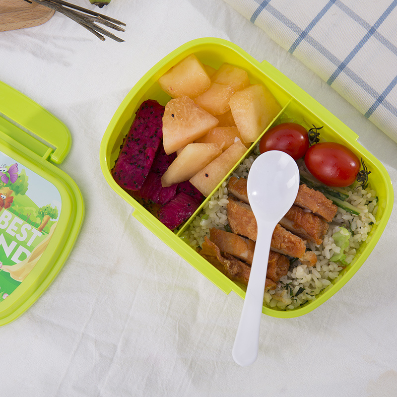 Two Compartments Bento Plastic Lunch Box for Kids with Spoon