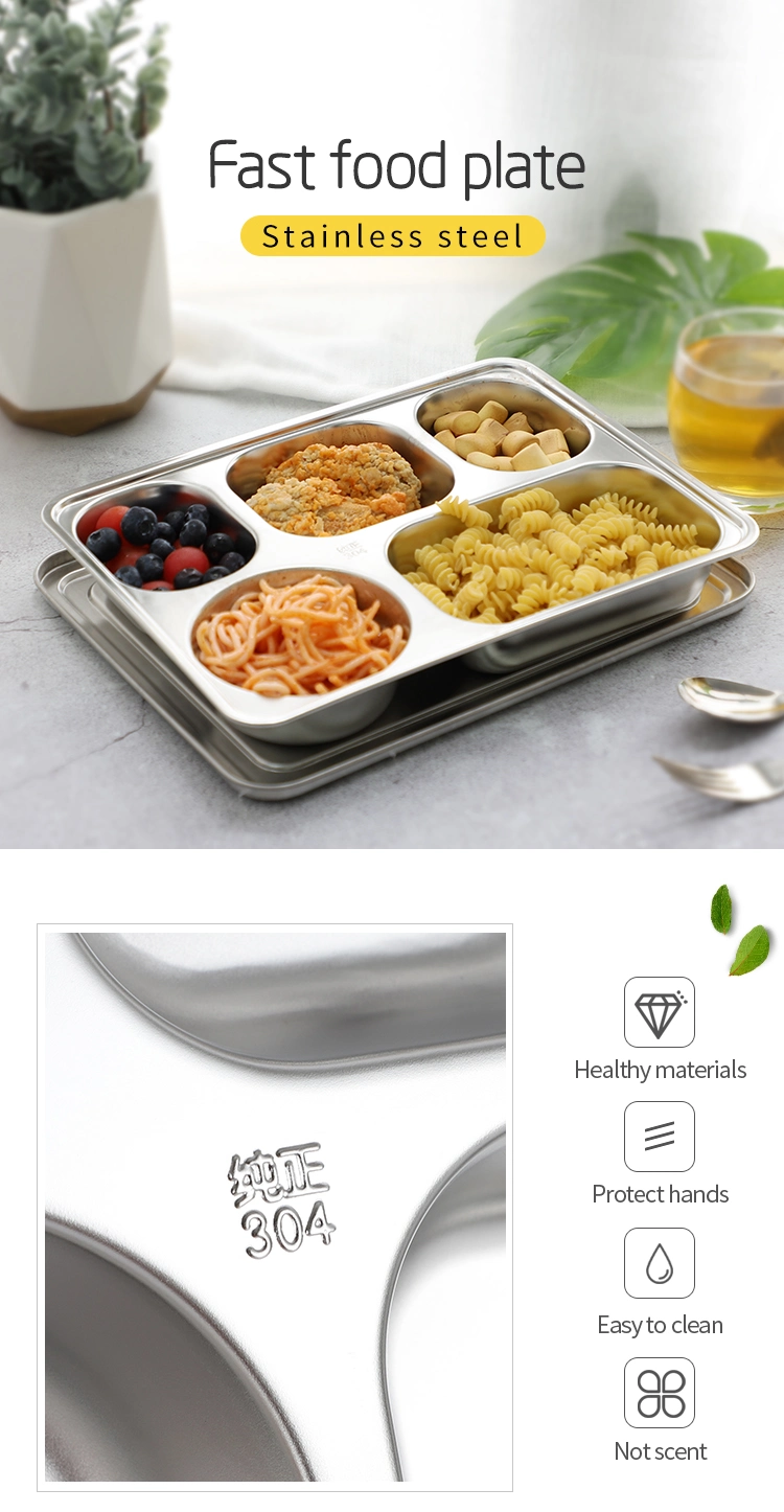 Hot Selling Stainless Steel Square Deep 5 Compatements Food Tray with Lid Lunch Box for School