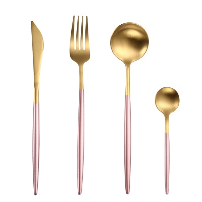 Knife and Fork Spoon French Wedding Dinnerware Set Black Handle Gold Stainless Steel Tableware