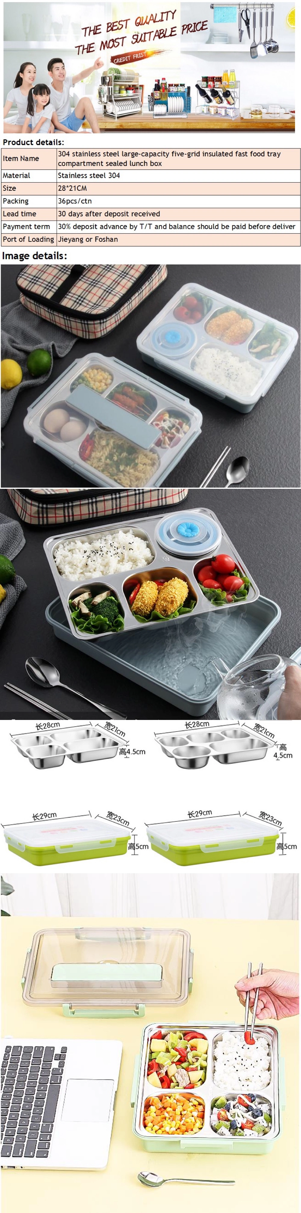 High Quality School Stainless Steel Insulated Lunch Box 5 Compartments Divided Tray with Lid and Metal Soup Bowl for Kids Office